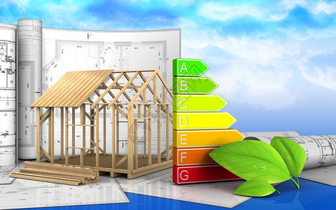 框架房屋建筑的3d插图与天空背景的图纸3d图纸图片