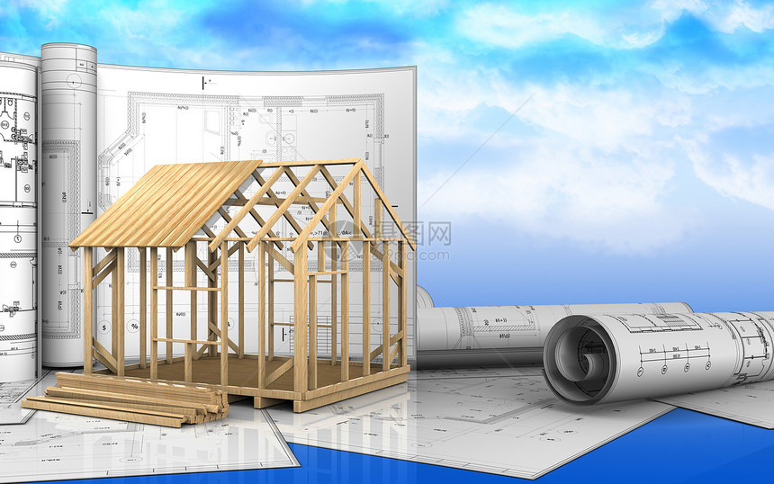 框架房屋建筑的3d插图与天空背景的图纸3d图纸图片