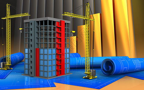 在金色图表背景上用起重机进行建筑施工的三维插图建筑施工三维模型图片
