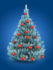 3d蓝色圣诞树在背景上以灯光和红球显示蓝色圣诞树图片