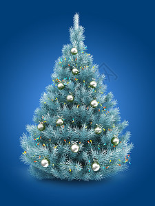 3d蓝色圣诞树在背景上用灯光和铬球展示蓝色圣诞树图片