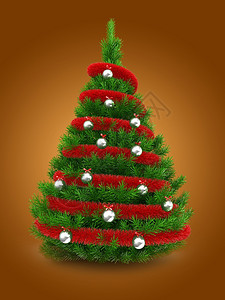 3d说明红锡和金属球在橙色背景之上绿圣诞树与红锡和金属球的绿色圣诞树图片