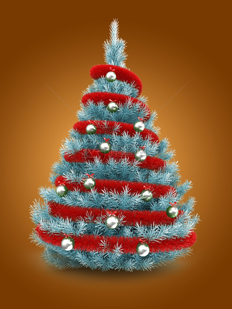 3d以红锡和金属球在橙色背景之上的蓝圣诞树图片