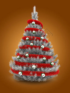 3d以红锡和金属球在橙色背景之上的银圣诞树图片