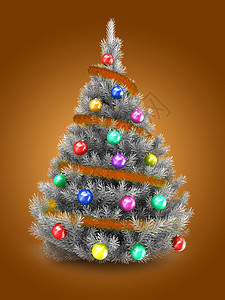 3d以橙色底和彩球覆盖银圣诞树的3个插图图片
