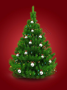 3d绿色圣诞树红底绿有灯光和金属球图片