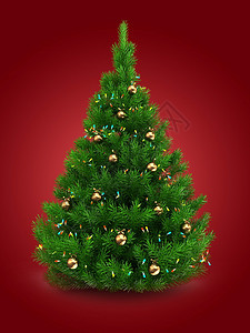 3d绿色圣诞树在红背景上以灯光和金球覆盖绿色圣诞树插图图片