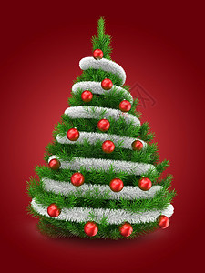 3d绿色圣诞树在红背景上用锡灰和红球种植的绿色圣诞树插图图片