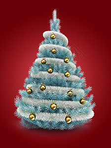 3d蓝色圣诞树在红背景上用锡灰和金球绘制的蓝色圣诞树插图图片