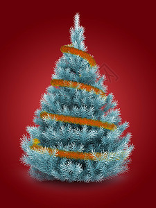 3d以橙色罐头在红背景之上的蓝圣诞树插图3d图片