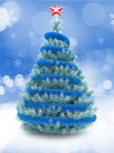 3d以蓝和红恒星在雪底上方的蓝色圣诞树图片