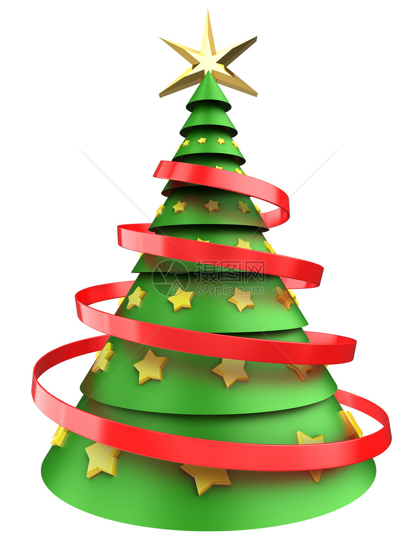 3d以黄色星装饰品说明白色背景上的圣诞树图片