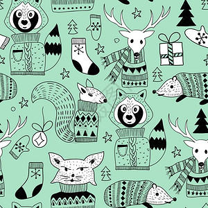 极地动物涂鸦小动物无缝圣诞节模式矢量设计背景设计图片