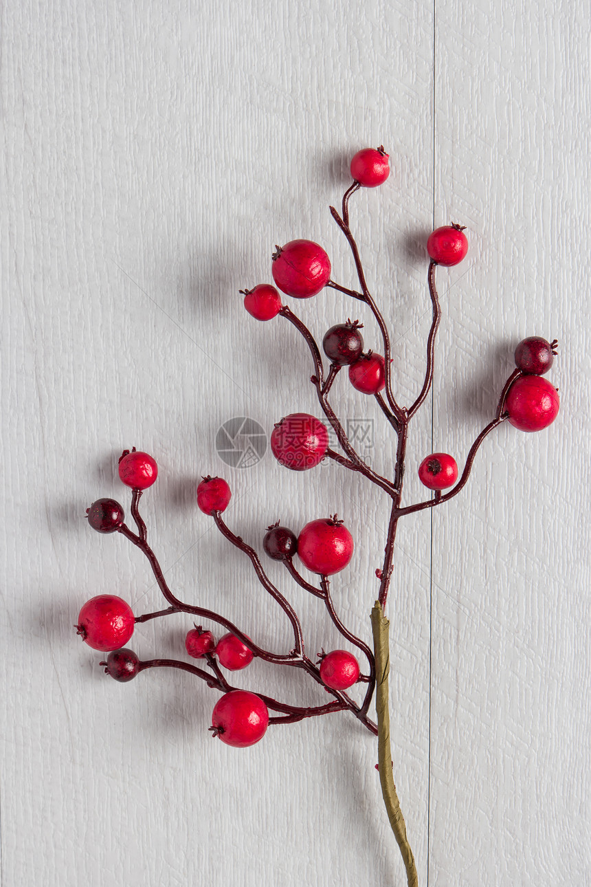 红色的莓胡利在白色红的圣诞节装饰品框圣诞节的图像带有复制空间的顶端视图图片