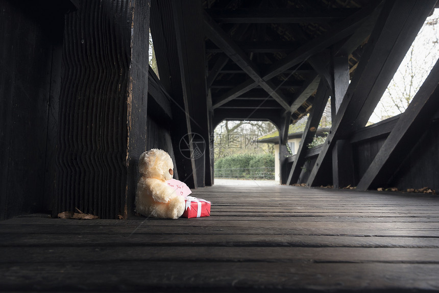赠送主题图像配上一个装着红色礼物盒的玩具和一张遗书的独自坐在空木桥上图片