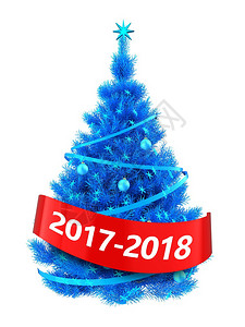 3d显示蓝色圣诞树白背景上有蓝星显示2017年8标志的蓝色圣诞树图片