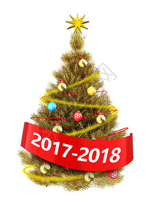 3d插图金圣诞树白色背景上有红亮圣诞树20178符号图片