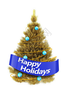 金色圣诞树与霓虹灯白色背景的三维插图3d金色圣诞树带节日快乐标志图片