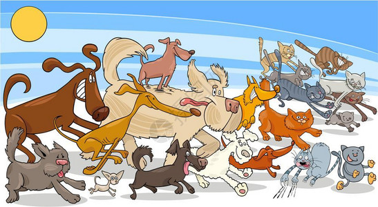 有趣的跑狗和猫动物角色组的漫画插图图片