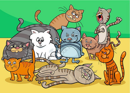 滑稽猫或小动物角色组的漫画插图图片
