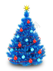 蓝色圣诞树的3d插图白色背景上有红色装饰3d蓝色圣诞树图片
