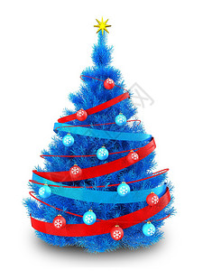 蓝色圣诞树与彩带白色背景的三维插图3d蓝色圣诞树高清图片