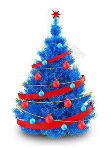 白色背景上有红丝带的蓝色圣诞树的三维插图3d蓝色圣诞树图片