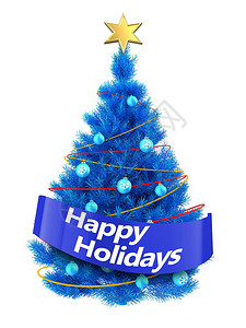 3d说明蓝色圣诞树白背景上有红的亮光蓝圣诞树有快乐的节日标志图片