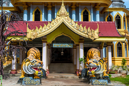 在Krabi的Th传统寺庙入口处的两座老虎雕塑图片
