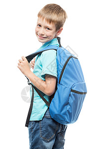 小男孩背着书包回头微笑图片