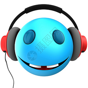 蓝色表情符号微笑的3d插图与红色耳机在白色背景3d蓝色表情微笑设计图片