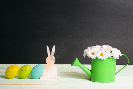 在阳光明媚的一天东面画鸡蛋靠着一只木兔绿水罐里满白菊花桌子上墙黑背景图片