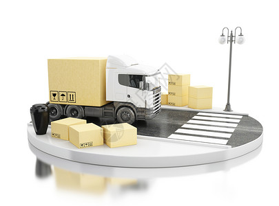 3d示例装有纸板盒的卡车全球航运和交货概念孤立的白色背景图片