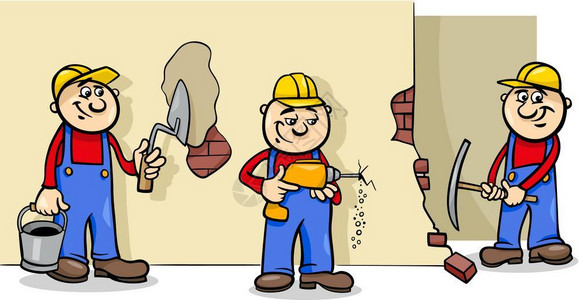 手工人或建筑作角色的漫画插图图片