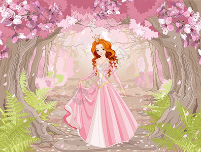 粉红色连衣裙春季森林背景的美丽红发公主插图插画