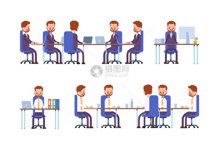 商业会议坐姿势商人卡通物组合图片