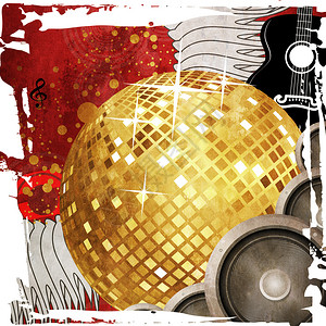 红色音乐背景配有金色迪斯科舞团扬声器和吉他图片