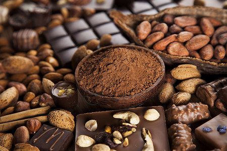 巧克力块和可可豆粉末背景图片