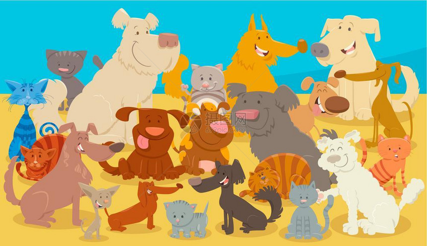 漫画狗和猫动物人团体的漫画插图狗和猫的漫画动物人图片