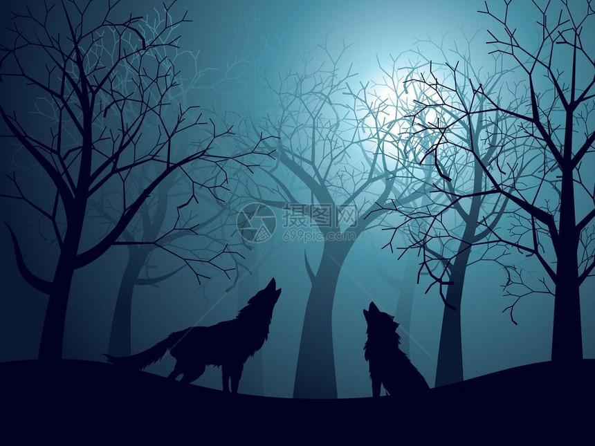 在月光下的树林里咆哮的狼矢量卡通插画图片