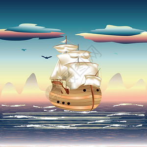 日落时船在海上航行 图片