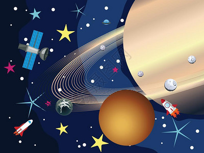 空中轨道大行星在太空中与恒和航天飞机一起插画