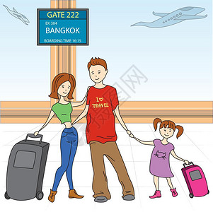 行李放在机场的家庭行李站在机场的家庭卡通病媒图示图片