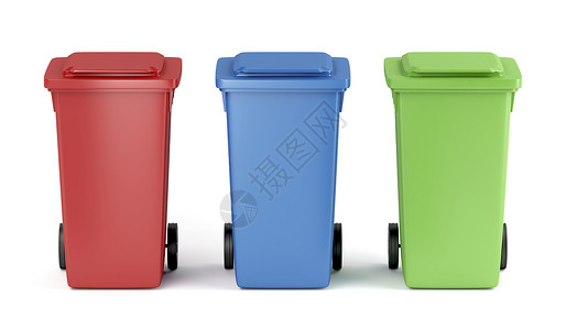 白色背景的红蓝和绿塑料垃圾桶图片