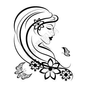 头发元素蝴蝶和鲜花直线插图设计图片