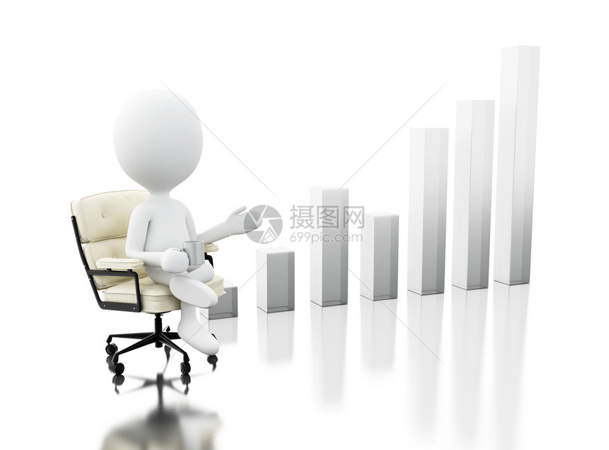 3d插图办公室主席的白人坐在办公桌旁增长商业图表图片