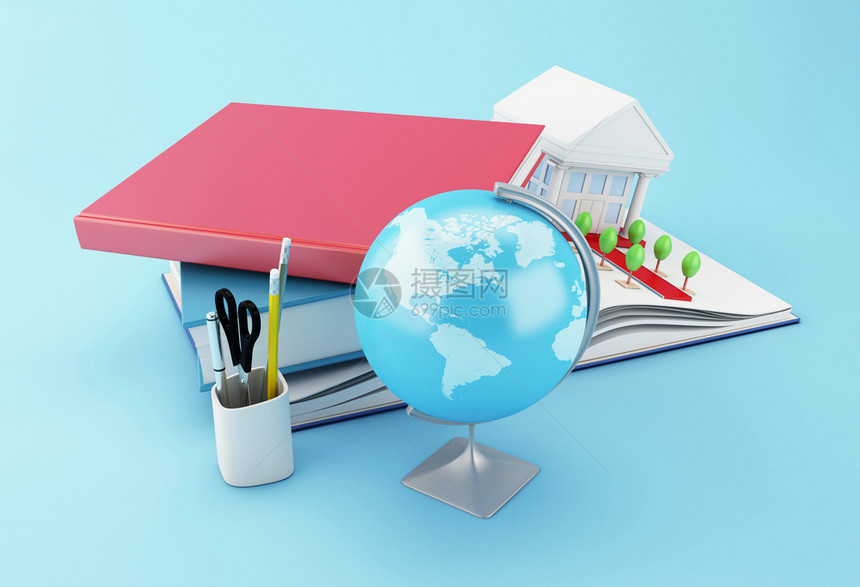3d插图具有滚动文凭全球和大学建设的书集世界毕业概念图片