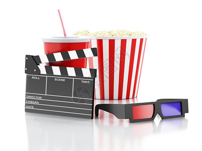 电影片断板爆米花饮料和3D眼镜的电影摄概念3D图像图片