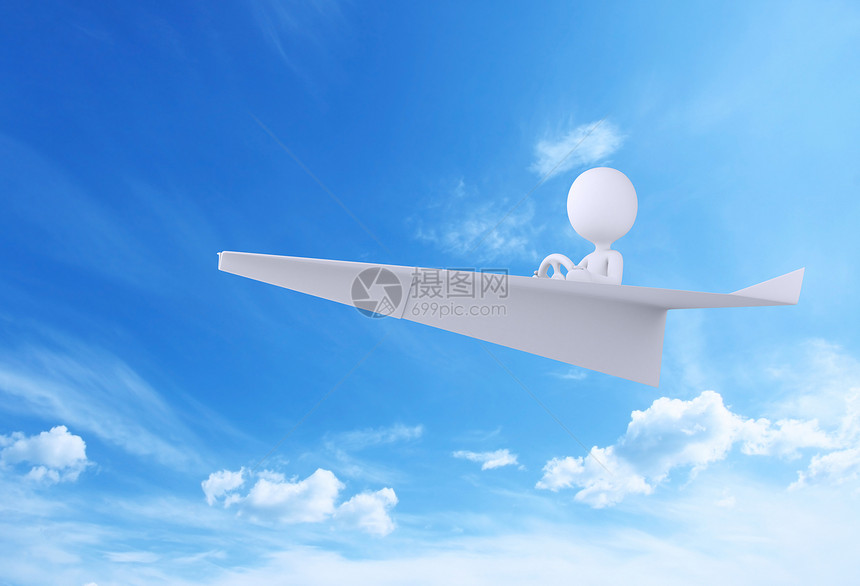 乘坐白纸飞机在蓝天飞行的3d插图图片