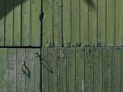 部分旧破的烂绿漆谷仓门与垂直板图片